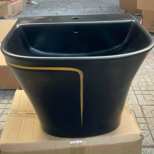 Lavabo cao cấp treo nguyên khối đen viền vàng