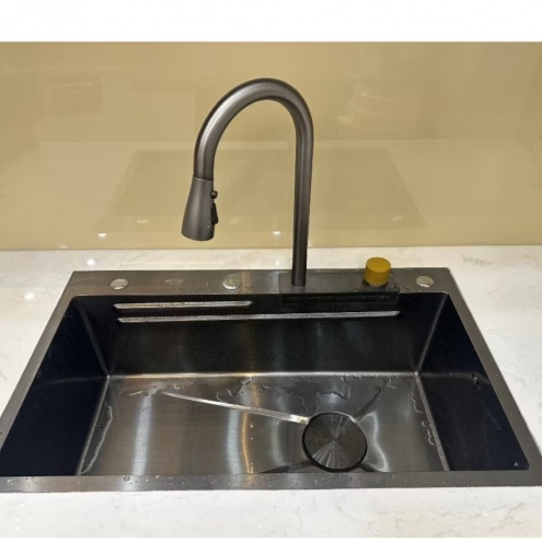 Bồn rửa chén bát 1 ngăn lớn liền vòi KOREA Inox SUS 304 Nano Đen - Xám