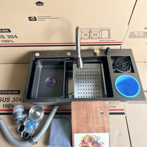 Bồn rửa chén Thông Minh 1 ngăn lớn 80, 90cm kèm vòi thác ngang