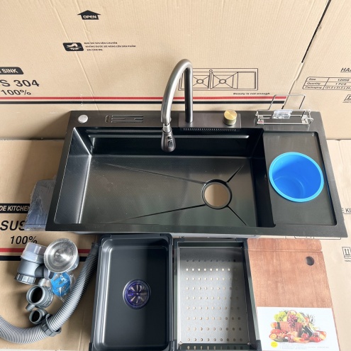 Bồn rửa chén Thông Minh 1 ngăn lớn 80, 90cm kèm vòi thác ngang