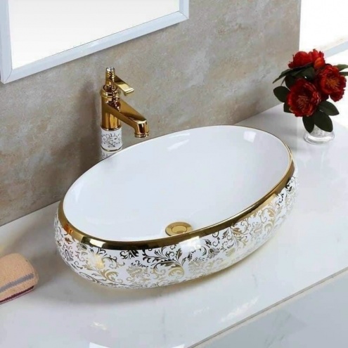CHẬU LAVABO RỬA MẶT OVAL HOA VĂN VÀNG CAO CẤP