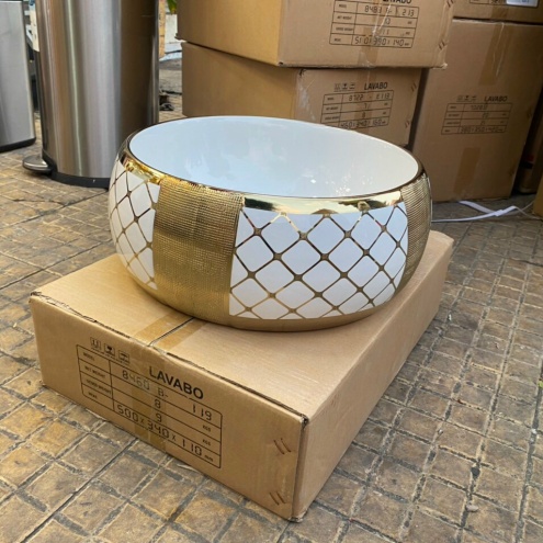 Chậu lavabo phòng tắm hoa văn vàng cao cấp 