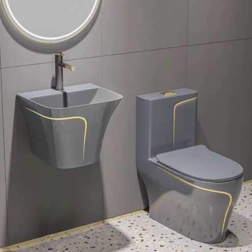 Bồn cầu liền khối màu Xám viền vàng