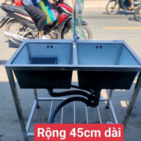 Bồn rửa chén inox 2 ngăn lớn có chân cao cấp