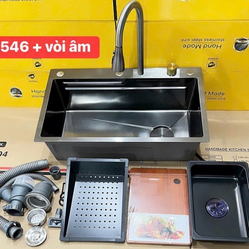 Bồn rửa chén bát 1 ngăn lớn liền vòi KOREA Inox SUS 304 Nano Đen - Xám